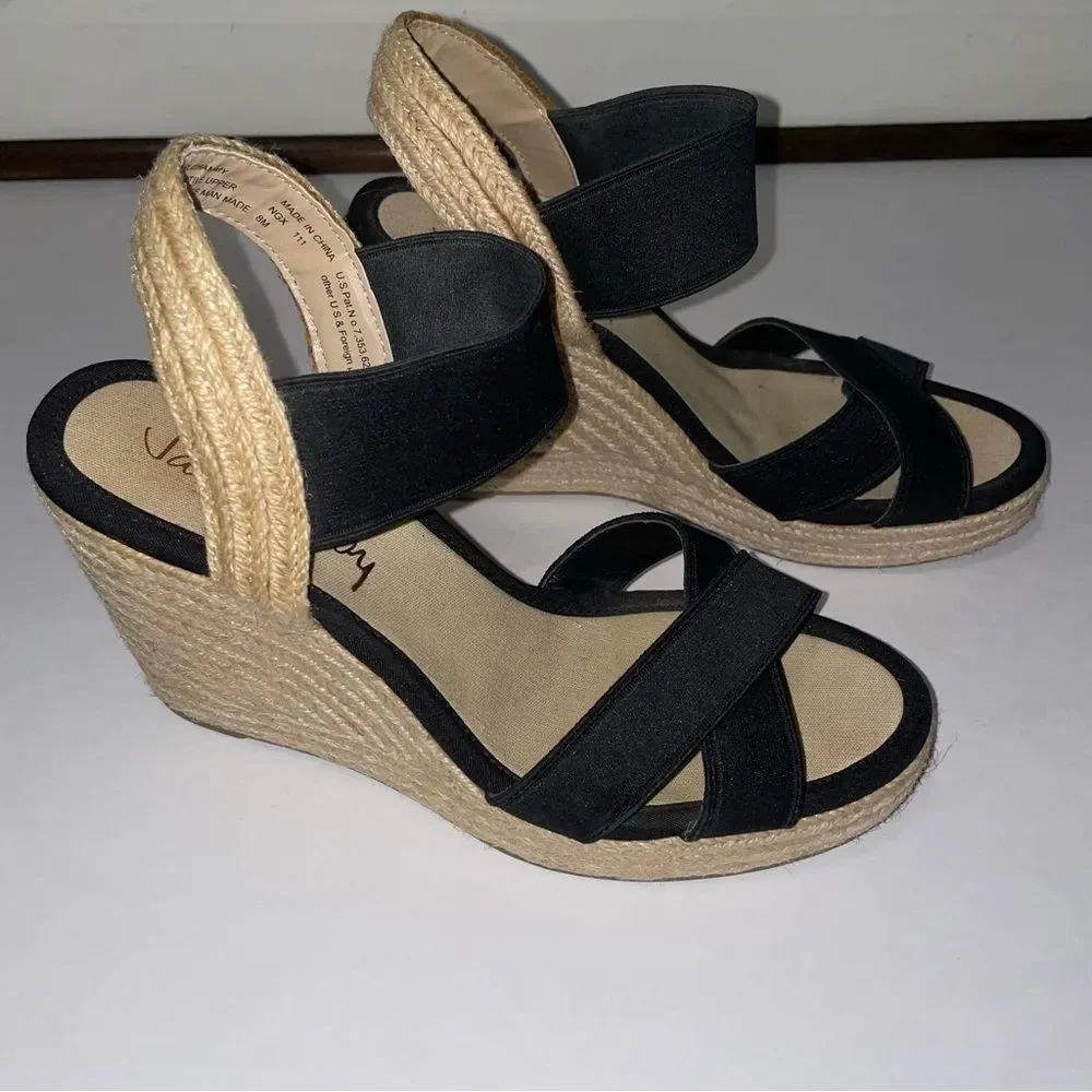 San & Libby Espadrille Wedge Sandals Black Strappy Women's Size 8